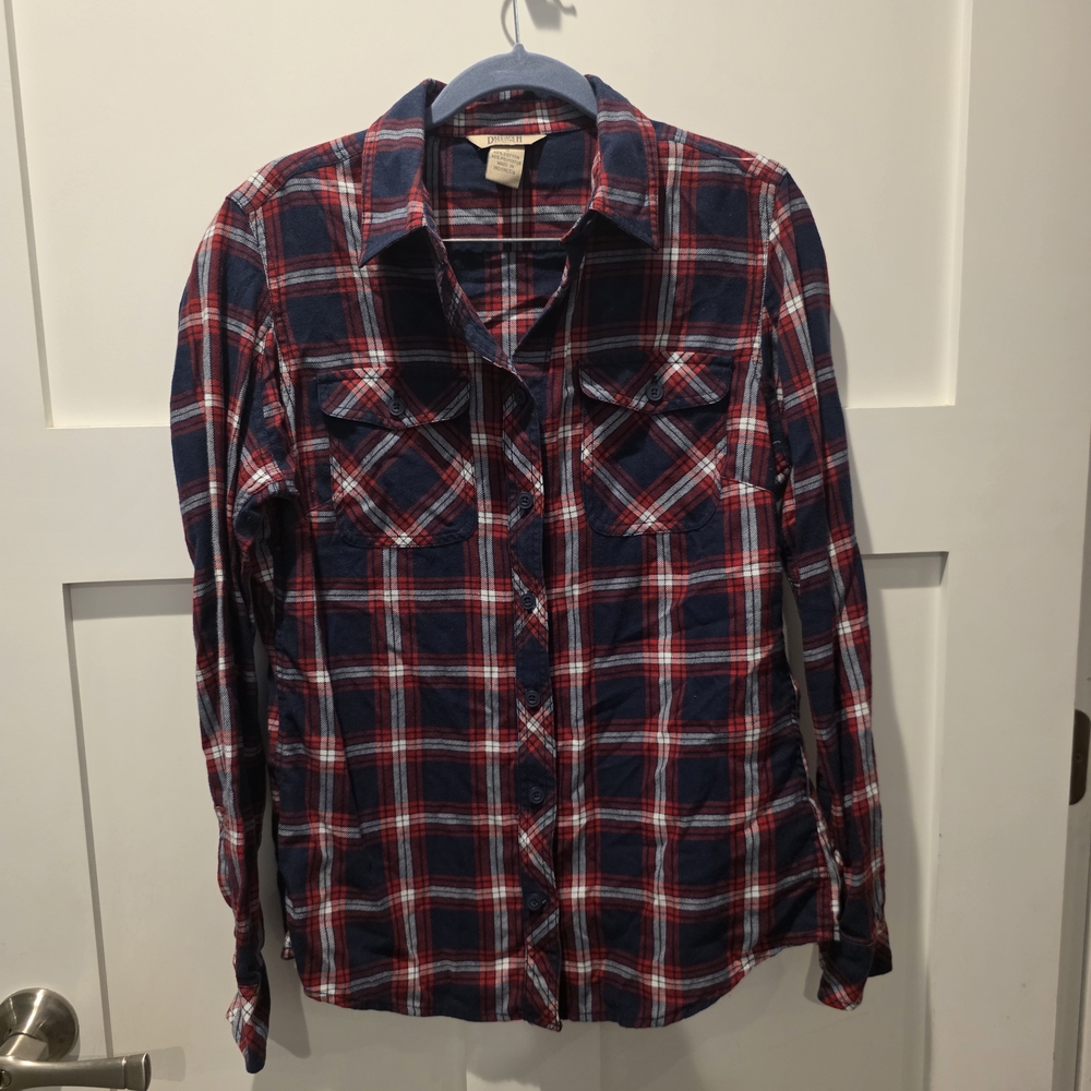 Duluth Trading Womens Crosscut Wicking Flannel Navy Red Plaid Shirt Roll Tab S